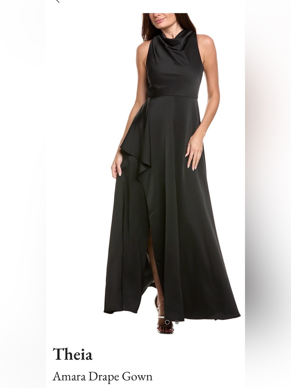 Theia Black Maxi Dress with Draped Front and Slit